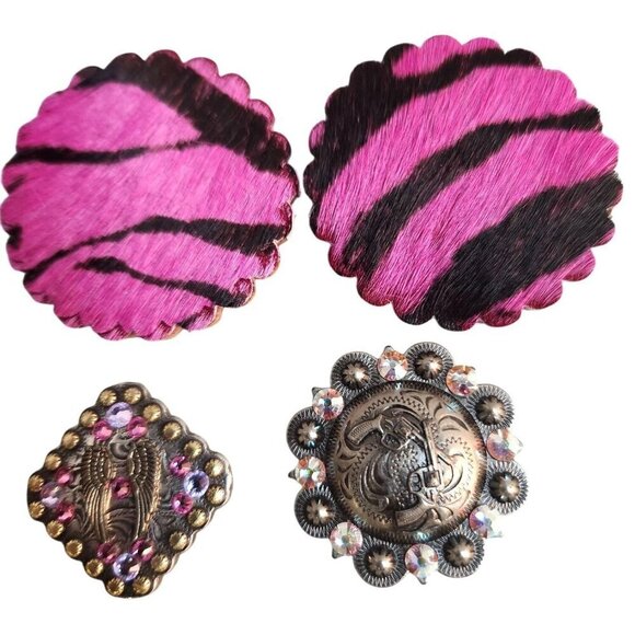 Set Of 4 Decorative Conchos Western Decor Pink Zebra & Silver Tones Rhinestone A - Picture 1 of 9